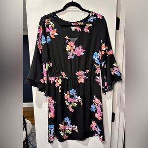 Floral Black Dress with Bell Sleeves- size medium